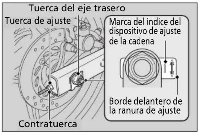 Tuerca del eje trasero Tuerca de ajuste Contratuerca Marca del índice del dispositivo de ajuste de la cadena Borde delantero de la ranura de ajuste