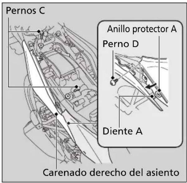 Pernos C Anillo protector A Perno D Diente A Carenado derecho del asiento