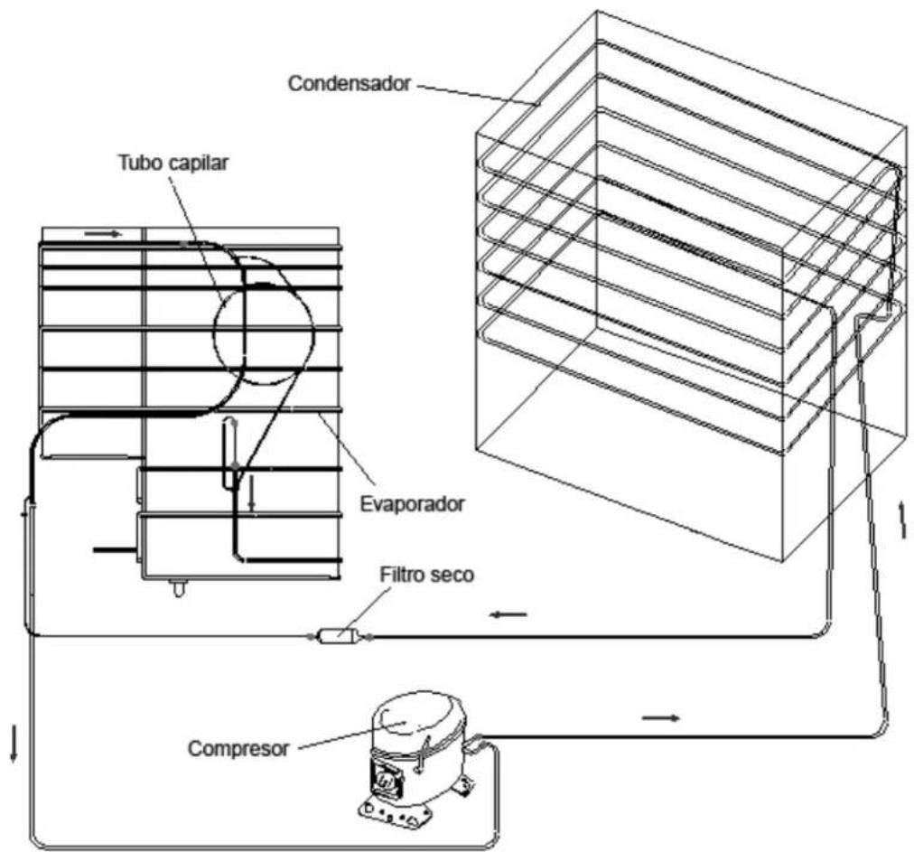 Condensador Tubo capilar Evaporador Filtro seco Compresor