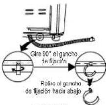 Gire 90° el gancho de fijación Retire el gancho de fijación hacia abajo