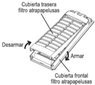 Cubierta trasera filtro atrapapelusas Desarmar Armar Cubierta frontal filtro atrapapelusas