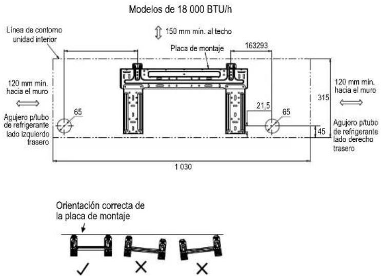 Modelos de 18 000 BTU/h Línea de contorno unidad interior 120 mm min. hacia el muro 65 Agujero p/tubo de refrigerante lado izquierdo trasero Placa de montaje 163293 150 mm min. al techo 21,5 65 45 315 120 mm min. hacia el muro Agujero p/tubo de refrigerante lado derecho trasero 1 030 Orientation cor…