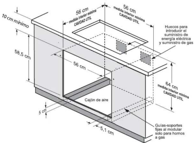 10 cm mínimo 58,5 cm 56 cm medida interior mínima CAVIDAD UTIL 56 cm medida interior mínima CAVIDAD UTIL 56 cm Huecos para introducir el suministro de energía eléctrica y suministro de gas 64 cm medida interior mínima CAVIDAD UTIL Cajón de aire Gulas-soportes fijas al modular solo para hornos a gas 5 cm 5,1 cm