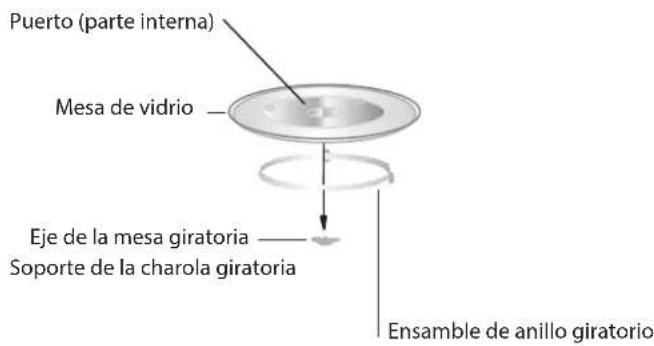Puerto (parte interna) Mesa de vidrio Eje de la mesa giratoria Soporte de la charola giratoria Ensamble de anillo giratorio