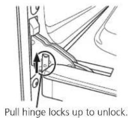 Pull hinge locks up to unlock.