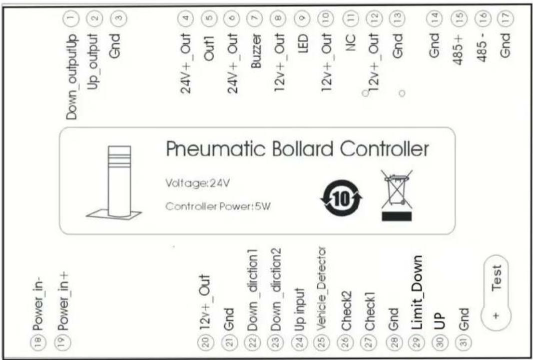 Pneumatic Bollard Controller Voltage:24V Controller Power:5W ⑱ Power_in- ⑲ Power_in+ ⑳ 12v+_Out ⑴ Gnd ⑵ 24V+_Out ⑥ 24V+_Out ⑦ Buzzer ⑧ 12v+_Out ⑨ LED ⑩ 12v+_Out ⑪ NC ⑫ 12v+_Out ⑬ Gnd ⑭ Gnd ⑮ Gnd ⑯ 485+ ⑰ 485- ⑱ Gnd ⑲ UP ⑳ Gnd + Test
