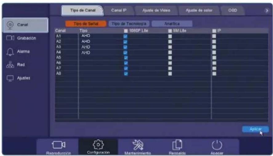 Tipo de Canal Canal IP Ajuste de Vídeo Ajuste de color OSD Canal Tipo de Señal Tipo de Tecnología Analítica Canal Tipo 108CP Lite 5M Lite IP A1 AHD A2 AHD A3 AHD A4 AHD A5 A6 A7 A8 Aplicar Reproducción Configuración Mantenimiento Respaldo Apastar