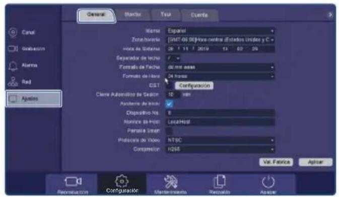 General Marker Test Cuenta Name: Español ZonaHavela [SMT-05 06]Vaya-centra (Estados Unidas y C:) Fecha de Setario: 28 / 11 / 2019 13 62 28 Separador de Incho: 7 Formato de Facha: d4 min/ass Formato de Hora: 24 horas DIST Configuración Clame Automático de Sedion: 10 min Academia de Incho: Dispositivo No: 8 Nombre de Post: LocalHost Parasita Unfit: Protocolo de Video: NTSC Compañía: H266 Val. Fabrica Aplicar Reinversión Configuración Mérkónosamiento Recaplo Aplicar