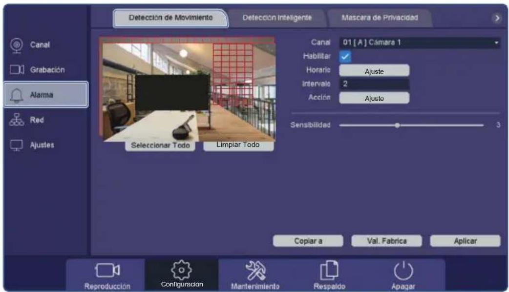 Detección de Movimiento Detección Inteligente Mascara de Privacidad Canal 01 [A] Camara 1 Habilitar ✓ Horario Ajuste Intervale 2 Acción Ajuste Sensibilidad 3 Selecciónar Todo Limpiar Todo Copiar a Val. Fabrica Aplicar Reproducción Configuración Manterimiento Respaldo Apagar