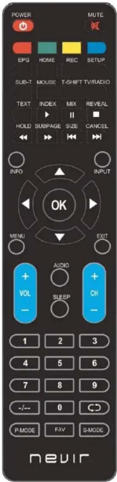 POWER MUTE EPG HOME REC SETUP SUB-T MOUSE T-SHIFT TV/RADIO TEXT INDEX MIX REVEAL HOLD SUBPAGE SIZE CANCEL INFO INPUT OK MENU EXIT AUDIO VOL SLEEP CH 1 2 3 4 5 6 7 8 9 -/- 0 CD P-MODE FAV S-MODE nevir