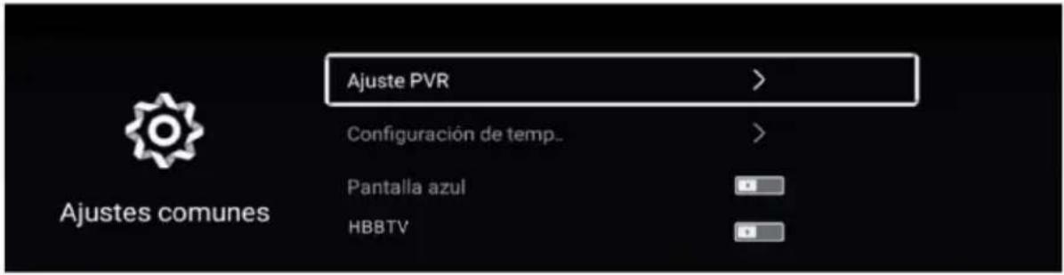 Ajustes comunes Ajuste PVR > Configuración de temp.. Pantalla azul HBBTV