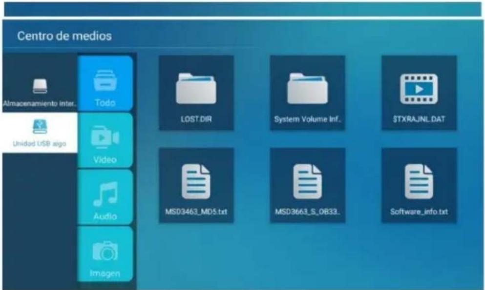 Centro de medios Almacenamiento inter.. Todo Unidad USB algo Video Audio Imagen LOST.DIR System Volume Inf.. $TXRAJNL.DAT MSD3463_MD5.txt MSD3663_S_OB33.. Software_info.txt