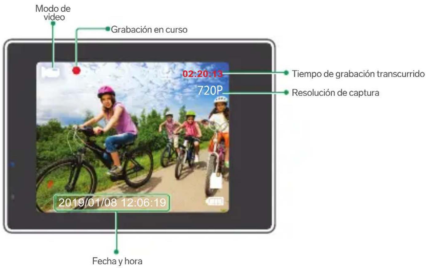 Modo de video Grabación en curso 02:20:13 720P Tiempo de grabación transcurrido Resolución de captura Fecha y hora 2019/01/08 12:06:19