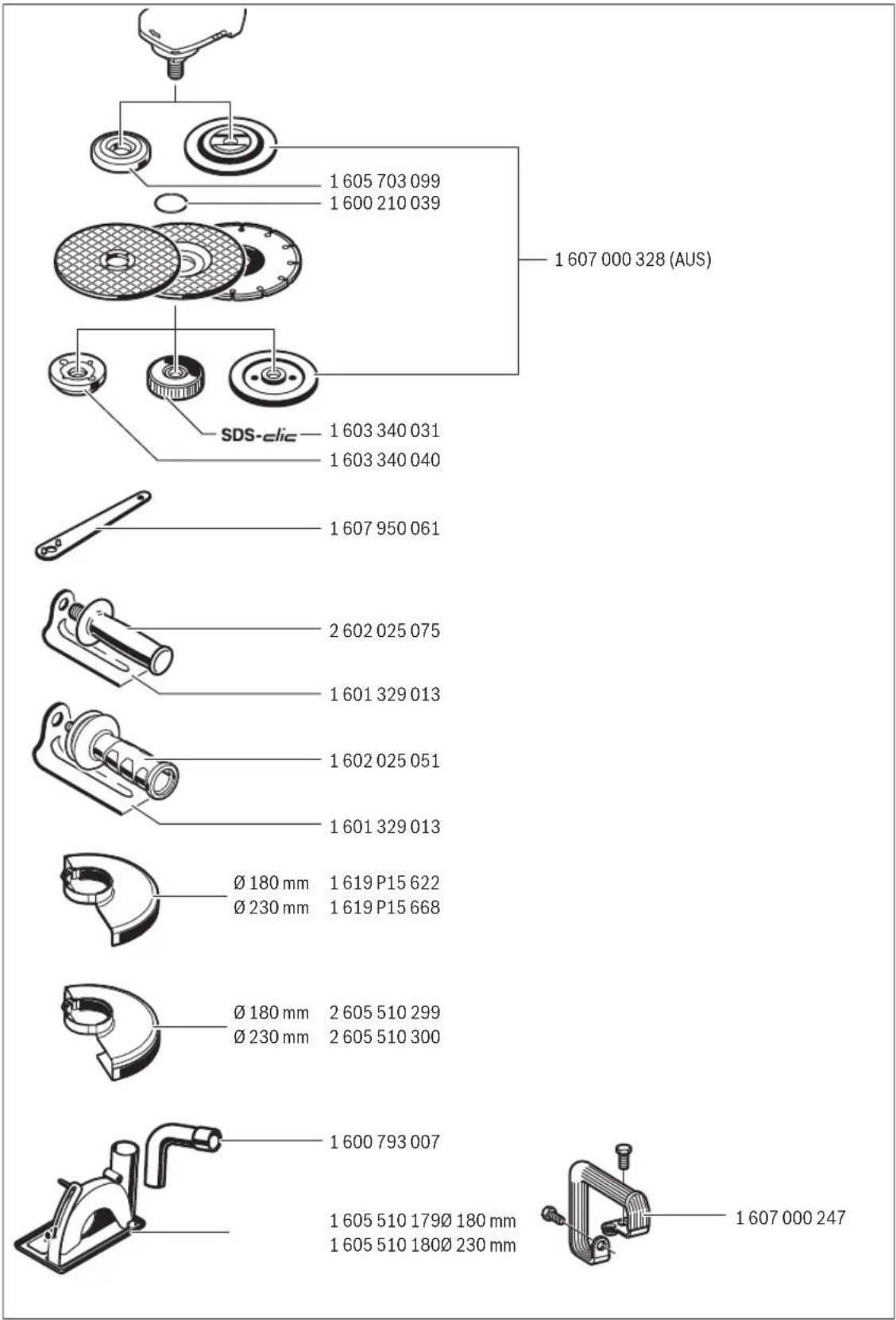 1 605 703 099 1 600 210 039 1 607 000 328 (AUS) SDS-elic 1 603 340 031 1 603 340 040 1 607 950 061 2 602 025 075 1 601 329 013 1 602 025 051 1 601 329 013 Ø 180 mm Ø 230 mm 1 619 P15 622 1 619 P15 668 Ø 180 mm Ø 230 mm 2 605 510 299 2 605 510 300 1 600 793 007 1 605 510 179Ø 180 mm 1 605 510 180Ø 23…