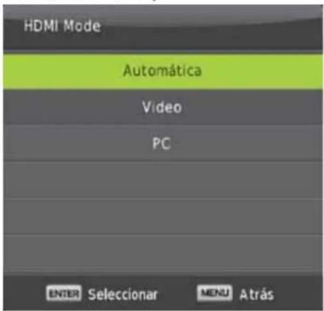 HDMI Mode Automática Video PC ENTER Selecionar MENU Atrás
