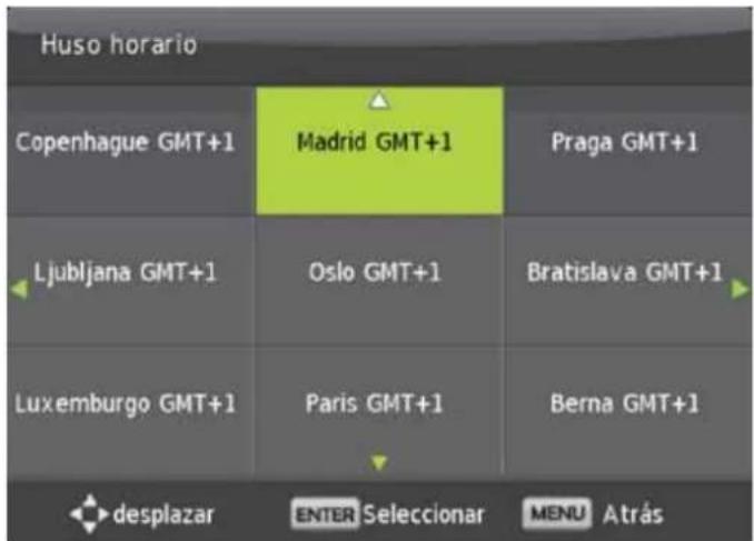 Huso horario Copenhagen GMT+1 Madrid GMT+1 Praga GMT+1 Ljubljana GMT+1 Oslo GMT+1 Bratislava GMT+1 Luxemburgo GMT+1 Paris GMT+1 Berna GMT+1 desplazar ENTER Selecciónar MENU Atrás