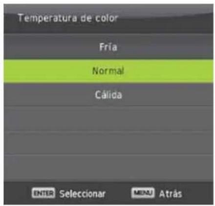 Temperatura de color Fría Normal Cálica ENTER Selecionar MENU Atrás