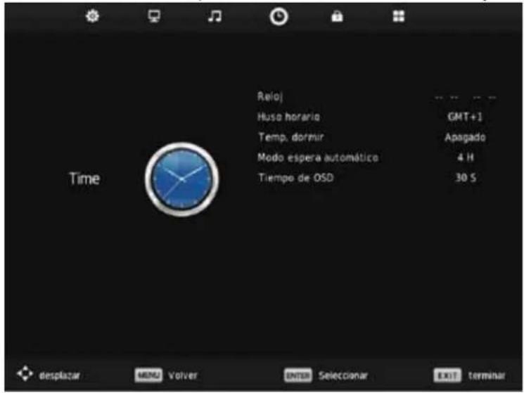 Relo! Huso horario GMT+1 Temp. dormir Apagado Modo espera automático 4 H Tiempo de OSD 30 S Time desplacar MENU Volver ENTER Seleccionar EXIT terminar