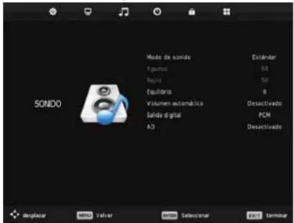 SOMIDO Mode de sonido Estándar Aguilaro 50 Rejada 50 Equilibrio 8 Volumen automática Desactivado Saldo digital PCH AD Desactivado desplazar MENU Verber enter Selecto conar PART Terminar