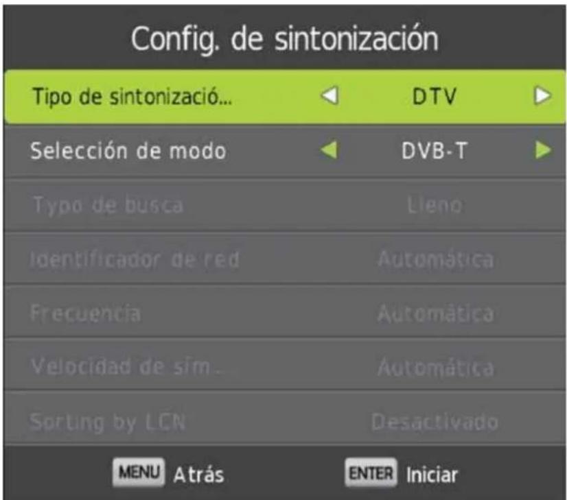 Config. de sintonización Tipo de sintonizació... DTV Selección de modo DVB-T Tipo de busca Lleno Identificador de red Automática Frecuencia Automática Velocidad de sim Automática Sorting by LCN Desactivado MENU Atrás ENTER Iniciar