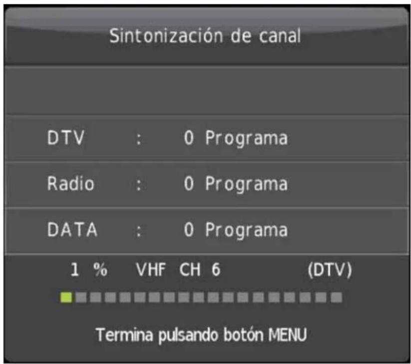 Sintonización de canal DTV : 0 Programa Radio : 0 Programa DATA : 0 Programa 1 % VHF CH 6 (DTV) Termina pulsando botón MENU