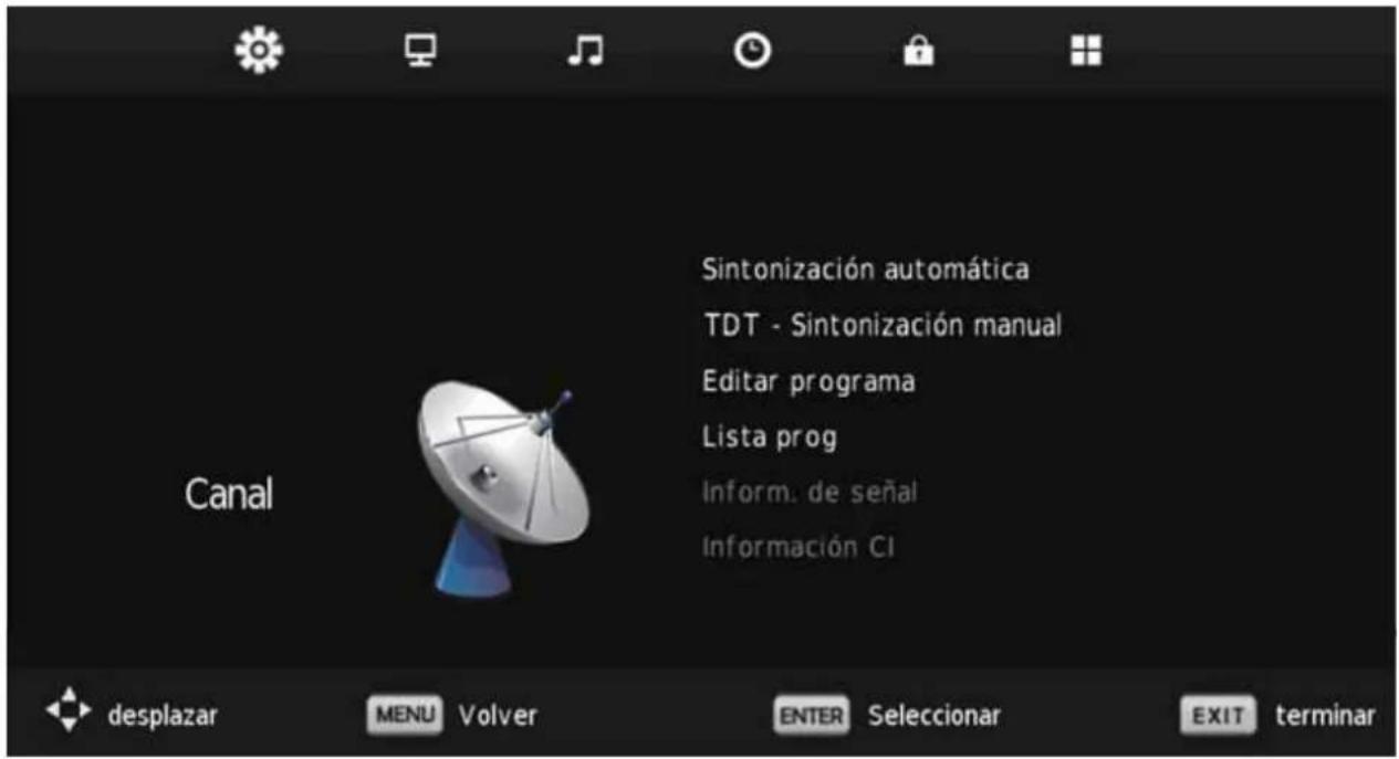 Sintonización automática TDT - Sintonización manual Editar programa Lista prog inform. de señal Información CI desplazar MENU Volver ENTER Selecionar EXIT terminar