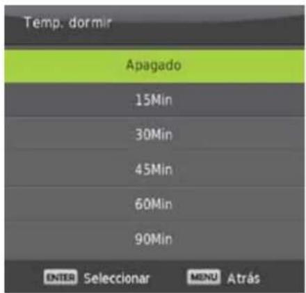 Temp. dormir Apagado 15Min 30Min 45Min 60Min 90Min ENTER Selecionar MENU Atrás