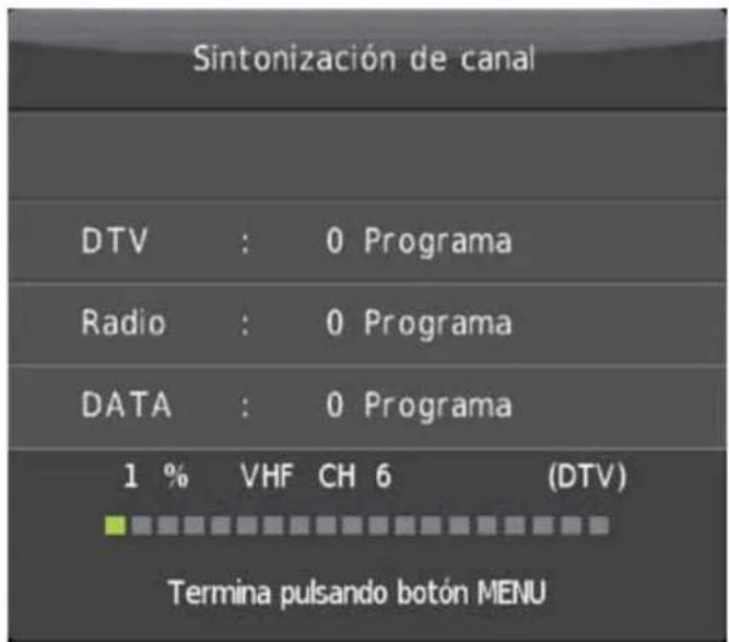 Sintonización de canal DTV : 0 Programa Radio : 0 Programa DATA : 0 Programa 1 % VHF CH 6 (DTV) Termina pulsando botón MENU