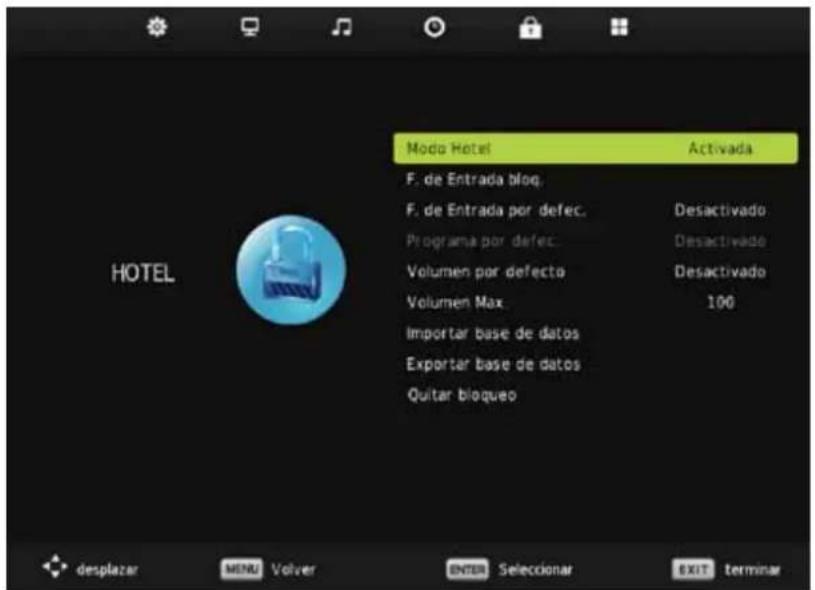 Modo Hotel Activada F. de Entrada bloq. Desactivado F. de Entrada por defec. Desactivado Programa por defec. Desactivado Volumen por defecto Desactivado Volumen Max. 100 Importar base de datos Exportar base de datos Quitar bloqueo desplazar MENU Volver ENTER Seleccionar EXIT TERMINAR