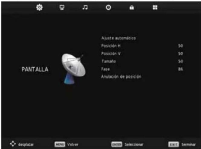 Ajuste automático Posición H 50 Posición V 50 Tamaño 50 Fase 86 Anulación de posición PANTALLA desplazar MENO Volver ENTER SEleccionar Exit terminal