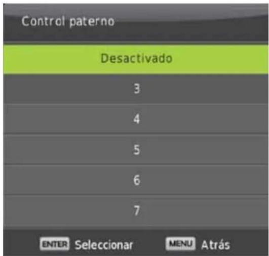 Control paterno Desactivado 3 4 5 6 7 ENTER Selecionar MENU Atrás