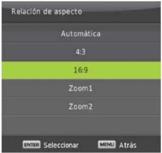 Relación de aspecto Automática 4:3 16:9 Zoom1 Zoom2 ENTER Selecionar MENU Atrás