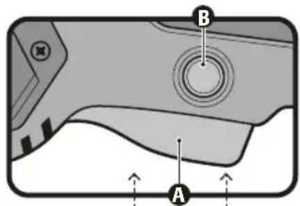 Diagram of a mechanical component with labeled parts A and B, showing directional arrows and circular features.