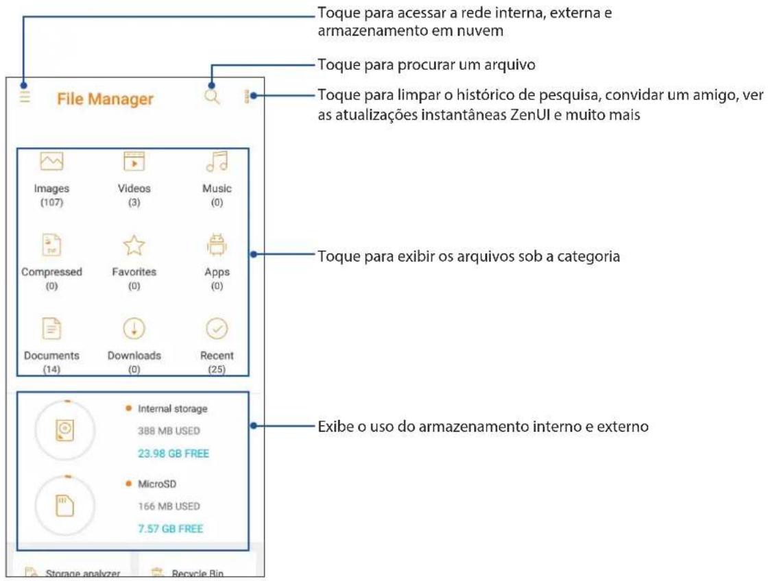 File Manager Toque para acessar a rede interna, externa e armazenamento em nuvem Toque para procurar um arquivo Toque para limpar o histórico de pesquisa, convidar um amigo, ver as atualizações instantâneas ZenUI e muito mais Images (107) Videos (3) Music (0) Compressed (0) Favorites (0) Apps (0) Documents (14) Downloads (0) Recent (25) Toque para exibir os arquivos sob a categoria Exibe o uso do armazenamento interno e externo Internal storage 388 MB USED 23.98 GB FREE MicroSD 166 MB USED 7.57 GB FREE Storage analyzer Recycle Bin