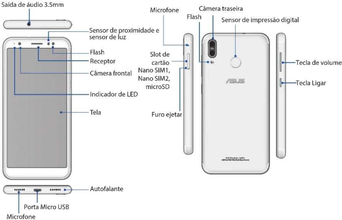 Saída de áudio 3.5mm Sensor de proximidade e sensor de luz Flash Receptor Câmera frontal Indicador de LED Tela Microfone Slot de cartão Nano SIM1, Nano SIM2, microSD Furo ejetar Câmera traseira Flash Sensor de impressão digital ASUS Tecla de volume Tecla Ligar Autofalante Porta Micro USB Microfone