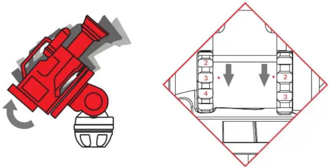 Diagram showing a red robotic device and its 3D vehicle assembly with labeled components and directional arrows.