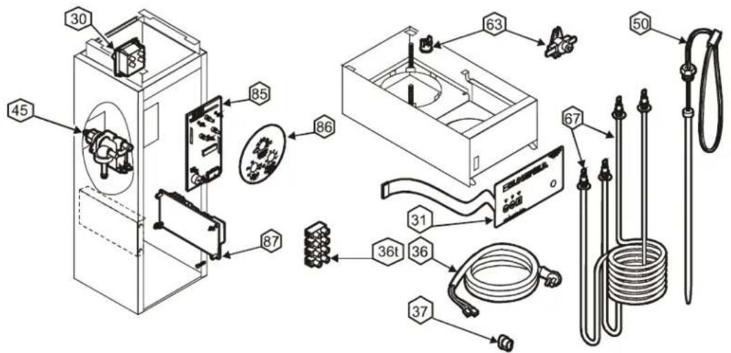 Exploded view diagram of a refrigerator with numbered parts and labeled connectors