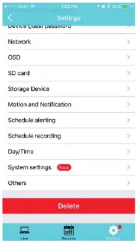 Settings Device guest password > Network > OSD > SD card > Storage Device > Motion and Notification > Schedule alerting > Schedule recording > Day/Time > System settings Now > Others > Delete Live Records Settings