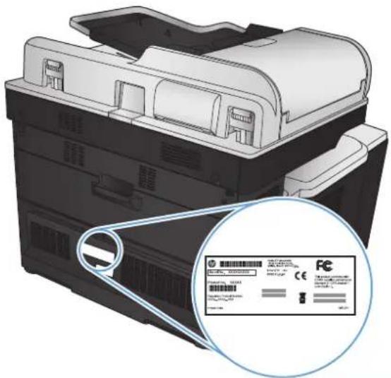 HP Color LaserJet Enterprise MFP M775 - Ubicación del número de serie y el número de modelo - 1