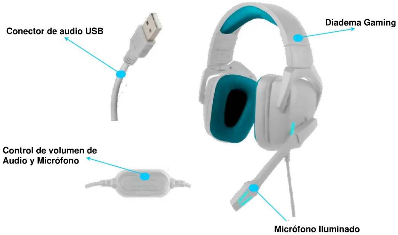 Conector de audio USB Diadema Gaming Control de volumen de Audio y Micrófono Micrófono Iluminado