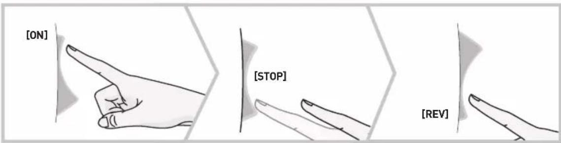 [ON] [STOP] [REV]