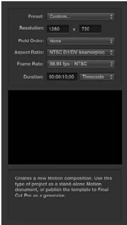 APPLE Motion 5.0 - Crear un proyecto con ajustes de proyecto personalizados - 1
