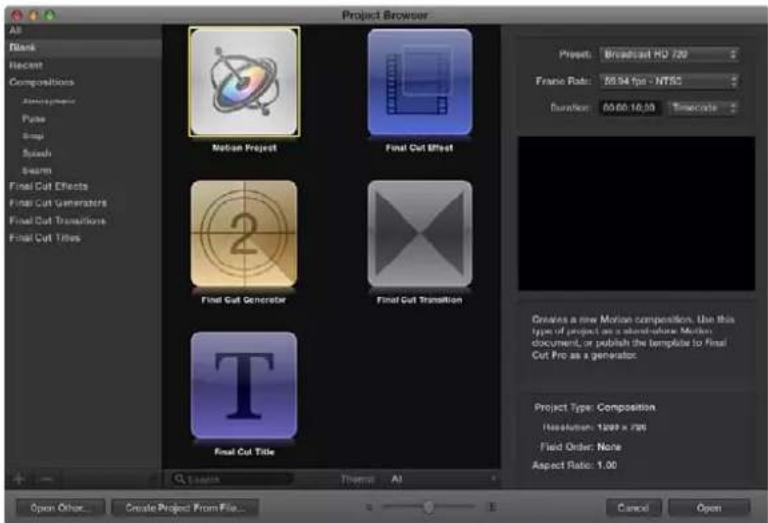APPLE Motion 5.0 - Explorador de proyectos - 1