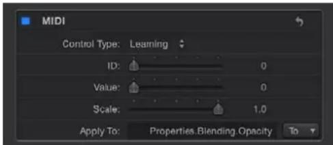 APPLE Motion 5.0 - Usar el comportamiento MIDI para ajustar la opacidad de un objeto - 1