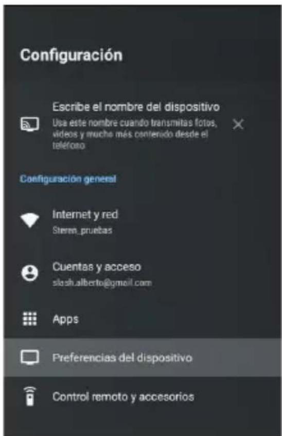 Configuración Escribe el nombre del dispositivo Use este nombre cuando transmitas fotos, videos y mucho más contenido desde el teléfono Configuración general Internet y red Steren.pruebas Cuentas y acceso slash.alberto@gmail.com Apps Preferencias del dispositivo Control remoto y accesorios