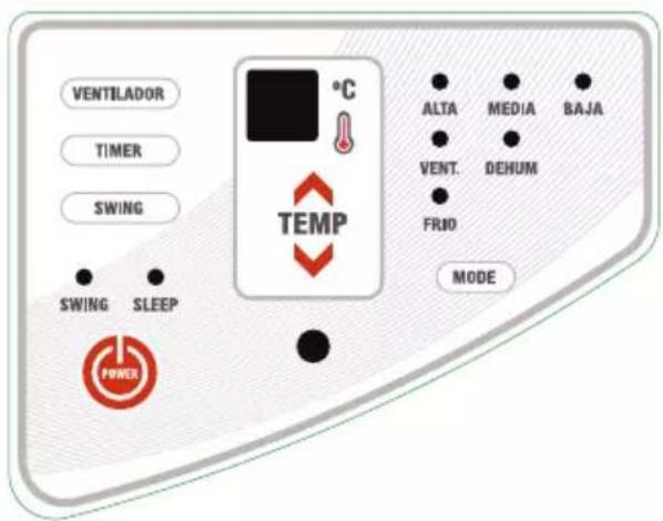 VENTILADOR TIMER SWING SWING SLEEP °C TEMP ALTA MEDIA BAJA VENT. DEHUM FRID MODE