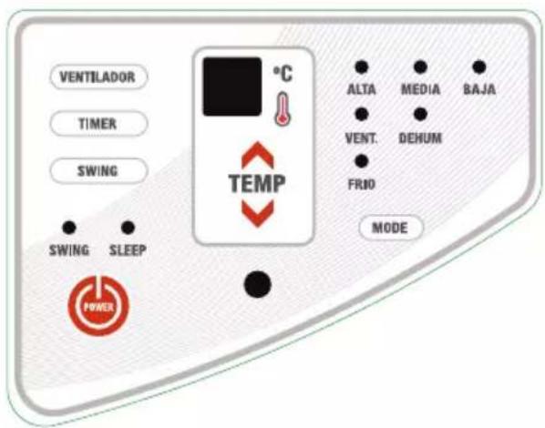 VENTILADOR TIMER SWING SWING SLEEP °C TEMP ALTA MEDIA BAJA VENT. DEHUM FRID MODE