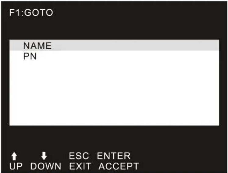 F1:GOTO NAME PN ↑ ↓ ESC ENTER UP DOWN EXIT ACCEPT