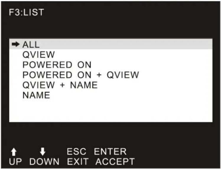 F3:LIST → ALL QVIEW POWERED ON POWERED ON + QVIEW QVIEW + NAME NAME ↑ ↓ ESC ENTER UP DOWN EXIT ACCEPT