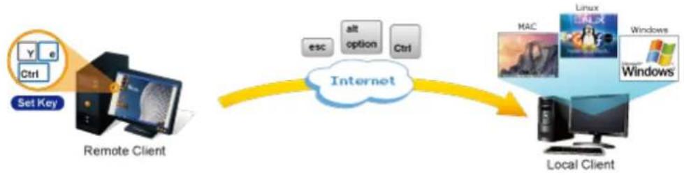 graph LR A["Set Key"] --> B["Remote Client"] B --> C["Internet"] C --> D["Local Client"] subgraph Internet E["esc"] --> F["alt option"] G["ctrl"] --> H["ctrl"] end subgraph Local Client I["MAC"] --> J["Linux"] K["Windows"] --> L["Windows"] end